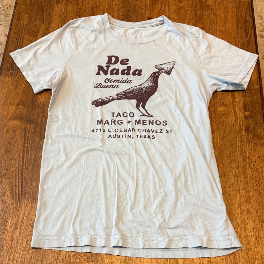 Austin TX De Nada Tacos Margs + Menos Light Blue Graphic T-Shirt